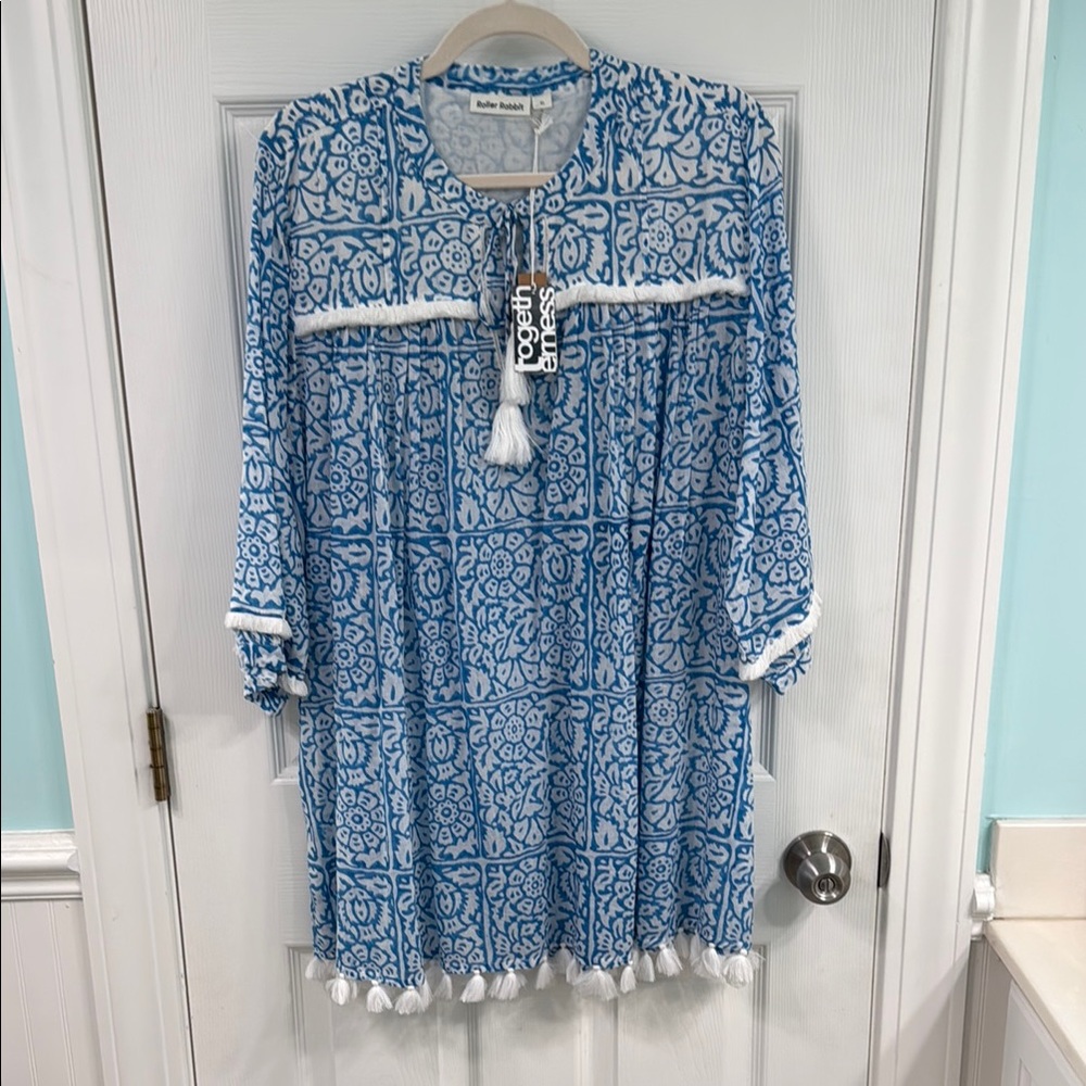 NWT Roller Rabbit Jardana Tunic in blue with white  fringe. Size XL.